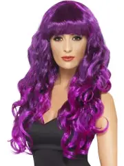 Siren Wig Purple Black Long Curly with Cut Fringe Fancy Dress Costume Accessory