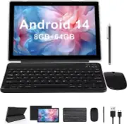 2 in 1 Tablet 10 Inch Android 14 OS Tableta, Tablets with Keyboard, Mouse, Case