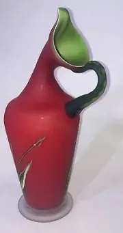 ESSEI Zareh Baijab Red Green Satin Frosted Pitcher Art Glass Russian ESTATE 16”