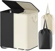 Lifewit Double Laundry Hamper with Lid and Removable Laundry Bags, Large Collapsible 2 Dividers Dirty Clothes Basket with Handles for Bedroom, Laundry Room, Closet, Bathroom, College, Black & White