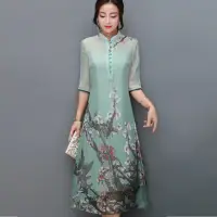 在飛比找momo購物網優惠-【ALICAI 艾麗彩】排扣立領藍綠薄紗梅花透視七分袖洋裝(