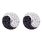 14k White Gold Round Black Diamond Yin Yang Earrings 1/4 Cttw
