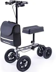 Equipmed Knee Scooter Walker, 10 inch Tyres Dual Brakes Bag - Broken Leg Ankle Foot Mobility - Crutches Alternative - Titanium colour