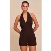Chocolate Woven Halterneck Tailored Short Playsuit, Chocolate