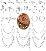 [Sanfenly] Stainless Steel Stud Earrings For Women Men 20G Cartilage Earrings Set Flat Back Earrings CZ Stud Earrings Small Hoop Earring Chain Dangle Cartilage Helix Tragus Piercing Jewelry