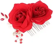 VINTORKY Hair Comb Flowers for Hair Wedding Rose Bride Bridal Hair Accessory Floral Wedding Clips Combs for Headdress Attire Bridal Hair Clips Tiara Style Goth Rhinestones Red