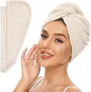 2 Pack Microfiber Hair Towel Wrap for Women, Anti Frizz Quick Drying Hair Turban for All Hair Style, Absorbent and Lightweight (Beige, 65 * 25cm)