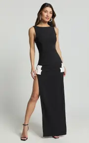 Bernice Maxi Dress - Low Back Side Split Bow Detail Dress in Black