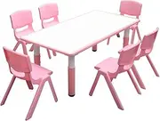 120x60cm Kids Pink Height-Adjustable Whiteboard Drawing Table & 6 Pink Chairs