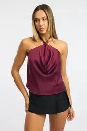 Red Halter Top Cowl Neck Sleeveless Satin - Size 16XL, Women's Top