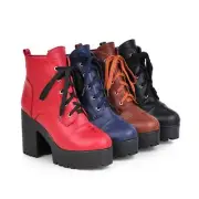 Plus US Size Women's Punk Chunky Block Heels Platform Lace Up Riding Ankle Boots