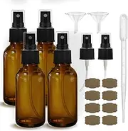 GIVAMEIHF Amber Glass Spray Bottles 4oz,Small Empty Glass Spray Bottle Fine Mist Spray Refillable Containers,Mini Travel Spray Bottles set of 4,Included 6 Sprinkler,2 Funnels,1 Droppers,8 Labels