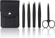 Set of 4 Eyebrow Tweezers, Professional Stainless Steel Tweezers,Flat, Slanted, Pointed and Hooked 4 Tweezers for Eyebrow Trimming,Facial Hair, Beard and Blackheads Trimming,Daily Beauty Tool(Black)