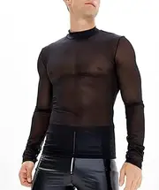 [Bewellan] Mens See-Through Mesh T-Shirt Tops Male Long Sleeve Club Costume for Pole Dancing Mock Neck Sheer Stage Performance Clubwear Black XL