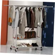 Heavy Duty Clothing Rack - Portable Rolling Clothes Rack with Wheels, Silver
