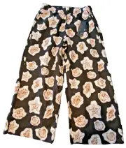 Nicole Miller Linen Pants Ladies L Wide Leg Black Sea Shell Boho Beach Boating