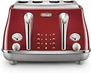 De'Longhi Icona Capitals 4 Slice Toaster CTOC4003.R, Reheat, Cancel and Defrost Functions, 6 Browning Levels, Removable Crumb Tray, 1800W, Red