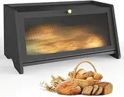 Black Bread Box for Kitchen Countertop, Bamboo Bread Box Bread Storage Container for Homemade Bread, Large Bread Bin with Window and Air Vents Keep Fresh Bread