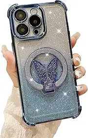 [PONRFEKT] Electroplated Glitter Case for Oppo A96 with Butterfly Stand,for Women Girls Transparent Protective Cover Gradient Glitter,Stylish Shockproof Cover,Blue
