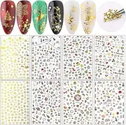 3D Christmas Nail Art Stickers Self Adhesive Nail Decals Gold and Colorful Winter Xmas Nails Supply Santa Claus Tree Snowflake Deer Bell Snowman Nail Sticker Designs New Year Nail Decor (8 Sheets)