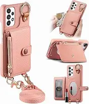Durable Removable Crossbody Wallet Phone Case for Samsung Galaxy A13 4G, Zippered Purse,Ring Holder,Integrated Mirror,Card Slot,Multi-Angle Stand in Elegant Pebbled Leather Cover(Pink)