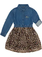 GUESS Girl's Denim Leopard Print Mini Dress in Blue Size: 2