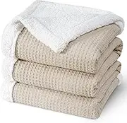 PHF Waffle Sherpa Blanket King Size, 104x90 Inches Luxury Plush Flannel Fleece Blanket for Winter, No Shed No Pilling, Cozy Soft & Reversible Waffle Weave Bedding for Home Decor, Natural