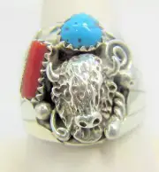 Native American Buffalo Ring Size 10 Navajo Grace Smith Turquoise Coral 925 #33