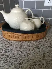 Longaberger Collectors Tea Serving Basket, Pottery Teapot + Cr & Sugar Set NEW