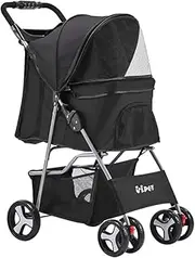 4 Wheel Pet Stroller Black Dog Cat Travel Carrier Lightweight Folding Easy Use