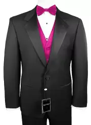 Sizes 34-50 Short. 6-Piece Tuxedo Package with Flat Front Pants & Fuchsia Vest