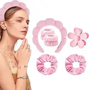 [FENQURO] Sponge Spa Headband for Women Soft Make Up Wrist Wash Band Set Skin Care Headbands Terry Fabric Bubbles Hair Band for Face Wash Removal Yoga Sports Shower (Pink)