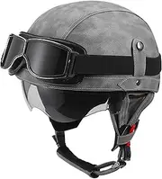 Vintage Open Face Motorcycle Helmet Leather Motorcycle Half Shell Helmet Scooter Helmet with Goggles DOT/ECE Approved for Adult Men and Women Motorcycle Cruisers