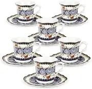 [fanquare] 6-Piece Porcelain Espresso Coffee Cups(2.7oz), Bone China Floral Tea Cups and Saucers Set of 6 for Afternoon Tea Party Adults, Ceramic Demitasse Cups, Blue