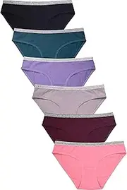 [247 Frenzy] Women's Essentials PACK OF 6 Cotton Blend Solid Bikini Panty Underwear with Metallic Elastic Band LP1636CK (LG), L1636, Large