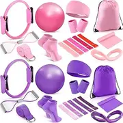Poen Pilates Ring Circle Set 22 Pcs Pilates Essentials Kit for Women with Yoga Balls, Stretching Strap, 8 Resistance Bands, Non Slip Socks, Wristbands, Gym Bags, Exercise Equipment for Workout