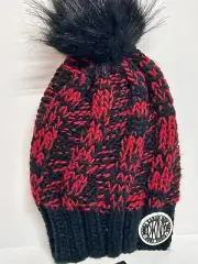 DKNY Beanie Hat Toboggan Knit Red Black Herringbone Women’s Winter Cap NWT