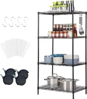 4 Tier Carbon Steel Adjustable Wire Shelf Unit - Heavy Duty Metal Storage Rack (Black)