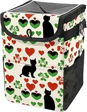 Car Trash Can with Lid and Storage Pockets Leak-Proof Organizer,Multipurpose Trash Bin for Car,Cartoon Black Cat Heart Cake Leaf