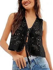 [Peaceglad] Womens Vest Top Trendy Floral Embroidered Eyelet Tie Front Tops Fashion Crochet Lace Hollow Out Vests