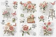 Vintage Rub on Transfers, 3 Sheets Rose Rub on Transfer Stickers Furniture Decals Retro Pink Flowers Word Waterproof Transfer Stickers for DIY Crafts Glass Cup