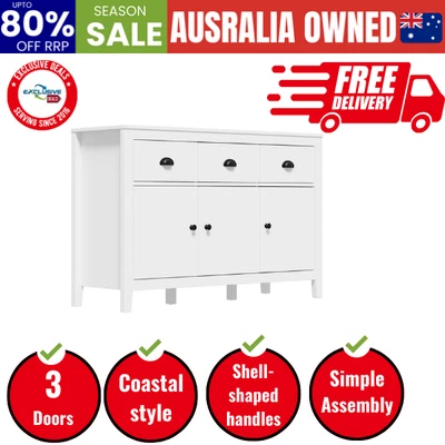 Sideboard Buffet Storage Cabinet 3 Doors Cupboard Pantry Kitchen White