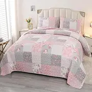 Oversized King Size Pink Grey Floral Plaid Patchwork Quilt Set 128x120 Extra Wide Super King Size Rversible Quilted Bedspread Coverlet Set 3-Piece Comforter Bedding Set Bed Cover with 2 Pillow Shams