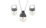 Solid 925 Sterling Silver Genuine Marcasite White Pearl Earring & Necklace Set