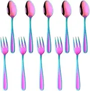 Rainbow Dessert Spoons Salad Fork Set, Color ME 10-Piece Stainless Steel Teaspoons Cake Forks Set