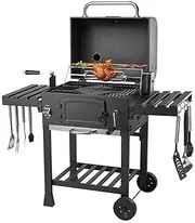 Barbecue Grill, Portable Charcoal BBQ Grill with Wheel&2 Folding Table, Thermometer&Adjustable Charcoal Tray, Large Barbeque Grill Smoker for Party, Picnic, Patio Cooking Outdoor,