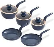 Tower T800232MNB Cavaletto 5 Piece Cookware Set with 16cm, 18cm, 20cm Saucepans and 24cm, 28cm Non-Stick Frying Pans, Midnight Blue & Rose Gold