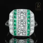 Lab Created Sirius Diamond and Emerald Art Deco Three Stone Ring in Silver925