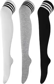 [AQOKKA] 3 Pairs Thigh High Socks for Women Long Thigh High Stockings Striped Over Knee High Socks for Girls Women Leg Warmer, 3 Pairs: Black/Light Grey/White