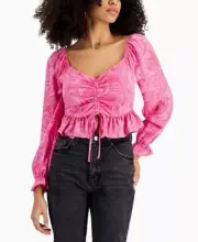 Crave Fame Peasant Sleeve Peplum Top Pink Cinched w/ Drawstring Jr Large NWT